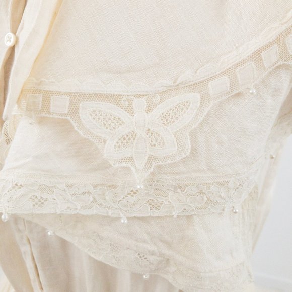 Vintage 80s Couture Lace Collar Prairie Midi Dress - Picture 2 of 11